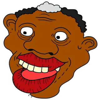 1boy, black man, afro, beard, white hair, teeth, gigantic_nose, red gigantic_lips, portrait, white backdrop, ("wojak caricature" style), (highres, best quality, masterpiece:1.2), sheeeit