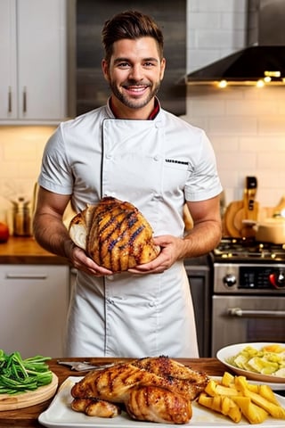an attractive chef holding grilled chicken, smiling pose, in the kitchen, holding a roast chicken on a plate, there is an oven in the background SD 1.5
