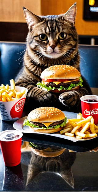 A cat sits on table and lowering his head to eat a humburger with fries that is sitting on a plate and a cup of soft drink on the side, meme