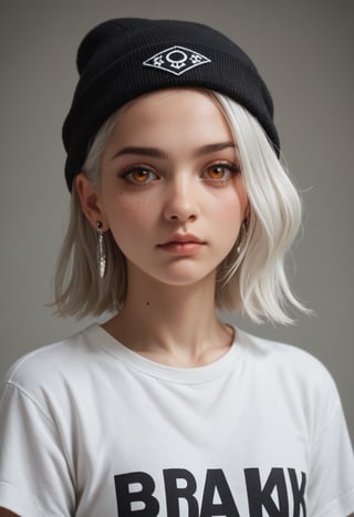 score_9, score_8_up, score_7_up, score_6_up, score_5_up, score_4_up,
BREAK 
1girl, solo, looking at viewer, shirt, hat, jewelry, closed mouth, upper body, white hair, earrings, medium hair, mole, orange eyes, eyelashes, mole under eye, piercing, ear piercing, portrait, bandana, beanie