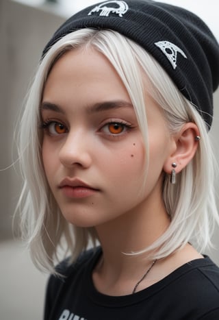 score_9,score_8_up,score_7_up,score_6_up BREAK source_real,raw,photo,realistic BREAK

from above, dutch angle, close up,1girl, solo, looking at viewer, shirt, hat, jewelry, closed mouth, upper body, white hair, earrings, medium hair, mole, orange eyes, eyelashes, mole under eye, piercing, ear piercing, portrait, bandana, beanie