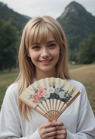 score_9, score_8_up, score_7_up, score_6_up, 
BREAK , 
source_real, raw, photo, realistic,  
BREAK, 

1girl, solo, long hair, looking at viewer, smile, bangs, blonde hair, upper body, outdoors, sky, day, sleeves past wrists, hand fan, realistic, photo background