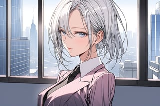 high details, high quality, beautiful, awesome, wallpaper paint art,  background office work, city light in window, portrait scene, urban lady seinen anime, sexy secretary, semi close eyes, white hair, fashion model, shadow details, epic draw, nice style
