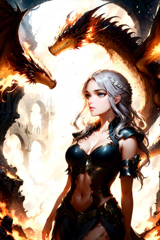 Daenerys Targaryen stands confidently in a dimly lit, smoldering ruin, her fiery locks ablaze as she gazes out at the ravaged landscape. Her torn and tattered Dothraki attire clings to her small curves, accentuating her curvy figure. A sultry, breath-taking heat emanates from her very presence, drawing the viewer in with an air of arousing intensity. Her dragon is also there,PetDragon2024xl