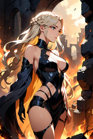 Daenerys Targaryen stands confidently in a dimly lit, smoldering ruin, her fiery locks ablaze as she gazes out at the ravaged landscape. Her torn and tattered Dothraki attire clings to her small curves, accentuating her curvy figure. A sultry, breath-taking heat emanates from her very presence, drawing the viewer in with an air of arousing intensity.