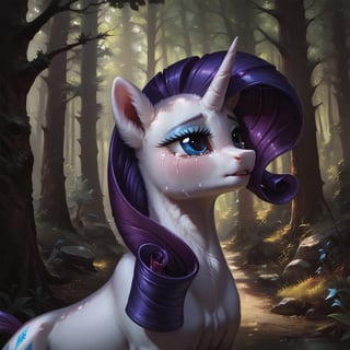 score_9, Rarity, feral, unicorn, solo, beautiful, detailed_face, furry, fluffy, highly_detailed, dark_theme, crying, forest, Expressiveh, realism