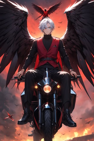 16-year-old boy, white hair, black short-sleeved sweater, black and red vest, black knee-length military pants, scar on his left eye, blue eyes, riding a giant black and red 4-winged bird.