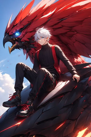 16-year-old boy, white hair, black short-sleeved sweater, black and red vest, black knee-length military pants, scar on his left eye, blue eyes, riding a giant black and red 4-winged bird.