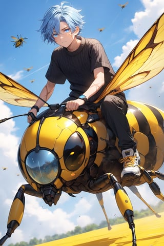 16-year-old boy, white and light blue hair, black short-sleeved sweater, yellow and black coat, black knee-length military pants, scar on left eye, blue eyes, riding a giant wasp