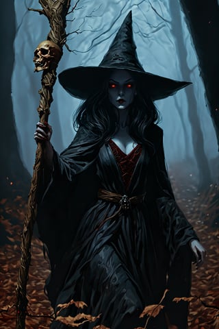 In the depths of the Dead Woods forest, under a canopy of dead leaves and heavy fog, a pale witch emerges from the darkness. Her confident stride is lit by the eerie glow of her red eyes, as she wears a wood mask adorned with ornate details. A black sensual robe flows behind her, billowing in the misty air. In hand, she grasps a wood skull staff, its intricate carvings seeming to pulse with a malevolent energy. The atmosphere is heavy with horror, as if the very woods themselves are alive and watching her every move. The lighting is masterfully rendered, with vivid colors and high-contrast tones that seem to leap from the canvas. Godrays illuminate the scene, casting an otherworldly glow over the witch's sinister visage.