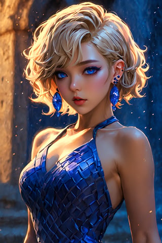 beautiful lady with theme of fantasy and sci-fi, sensual face, blonde short wavy hair, purple eyes, blushy face, (beautiful blue make-up : 2), high-heels, (tight patterned dress : 2), (thick sensual body : 2.7), (navy jewelry : 2), (navy earings : 2), sensual, pinky sunset, orange clouds, beautiful ruins, full body view, (uhd, hdr, post-processing, vivid colors, high-contrast, realistic lighting, bloom lighting), (depht of field : 2), (realistic anime cgi art : 1.4), (cgi sensual girls art : 1.6), (manhwa wallpaper art : 1.4), (yoongonji art : 1.8),