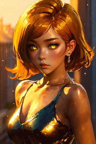 Beautiful sensual woman with perfect body but sad, sad face looking to camera, surrealistic scene, top of rooftop at sunset city, sunset city view, (glowing green eyes : 1.8), (yellow-brown hair : 2), (beautiful make-up : 2), (leather and latex clothes : 1.8), (fashion patterned dress : 2), (jewelry : 2), (earings : 2), (strong female body : 2), (masterpiece), (yoongonji art : 2), (beautiful new world art : 2), (sam does art : 2), (Ilya kuvshinov art : 2), lo-fi atmosphere art, (vivid colors, high-contrast, bloom lighting), (depht of field : 2), beautiful blossom scene, sunrays lighting, 