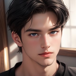 A tall, handsome young monk with a normal build,  jet-black-haired ,  white T-shirt. The podium. Masterpiece, detailed study of the face, beautiful face, beautiful facial features, perfect image, realistic shots, detailed study of faces, full-length image, 8k, detailed image. an extremely detailed illustration, a real masterpiece of the highest quality, with careful drawing.,SailorStarFighter,SailorStarMaker