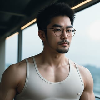 Asian man,Aviator glasses, handsome , stubble, male focus, cinematic lighting, film photography,Muscle, white tank top, portrait 