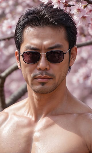 imagine the following scene

A beautiful, muscular japanese man with his body completely bathed in Petroleum.

The man has very beautiful eyes, with sunglasses,full and pink lips,stubble , sexy, 55yo.

wearing wafuku . The scene takes place in a blossom Sakura tree , dynamic pose. Intense and very serious look at the camera

Many details.,asian man