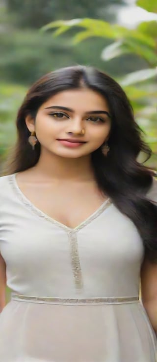 beautiful cute young attractive indian Muslim girl, teenage girl, 18 year old, 34-26-36 stats, instagram model,black hair, beautiful face, fair white skin, her confidence evident in her posture, her chest subtly accentuated,walking in garden