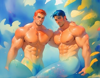 mermaid men are swimming in blue water, mature, handsome, muscle, beefy, masculine, charming, alluring, affectionate eyes, lookat viewer, (perfect anatomy), perfect proportions, best quality, masterpiece, high_resolution, Dutch angle, cowboy shot, watercolor,no_humans