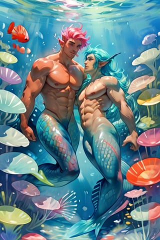 ((best quality)), ((masterpiece)), (detailed),  ((perfect face)), male,  two mermen are swimming, two merfolks, lean and muscular body, Long finned ears, fins, tail glows slightly with luminous scales, mermaid tail, bioluminescent, markings along his body,watercolor,perfect light,<lora:659111690174031528:1.0>