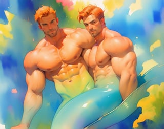 mermaid men, mature, handsome, muscle, beefy, masculine, charming, alluring, affectionate eyes, lookat viewer, (perfect anatomy), perfect proportions, best quality, masterpiece, high_resolution, Dutch angle, cowboy shot, watercolor