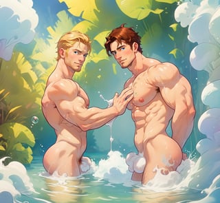 two men (two male), the one man has dark brown (dark hair) long hair, the other man character has short blond hair, blue eyes, they are in the bath in the water, there is foam on the water and there is a lot of foam around, rainbow soap bubbles are flying, white color predominates, no clothing, mature, handsome, muscle, mature, muscular , beefy, masculine, charming, alluring, affectionate eyes, lookat viewer, (perfect anatomy), perfect proportions, best quality, in the bathroom, in the morning, they are surrounded by soap foam, masterpiece, high_resolution, Dutch angle, cowboy shot, bathroom background