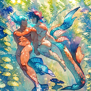 ((best quality)), ((masterpiece)), (detailed),  ((perfect face)), male,  two mermen are swimming, two merfolks, lean and muscular body, finned ears, fins, tail glows slightly with luminous scales, very long mermaid tail, bioluminescent, markings along his body,watercolor,perfect light,<lora:659111690174031528:1.0>,<lora:659111690174031528:1.0>