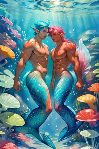 ((best quality)), ((masterpiece)), (detailed),  ((perfect face)), male,  two mermen are swimming, two merfolks, lean and muscular body, Long finned ears, fins, tail glows slightly with luminous scales, mermaid tail, bioluminescent, markings along his body,watercolor,perfect light,<lora:659111690174031528:1.0>