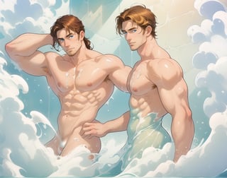 two men (two male), the one man has dark brown (dark hair) long hair, the other man character has short blond hair, blue eyes, they are in the bath in the water, there is foam on the water and there is a lot of foam around, rainbow soap bubbles are flying, white color predominates, no clothing, mature, handsome, muscle, mature, muscular , beefy, masculine, charming, alluring, affectionate eyes, lookat viewer, (perfect anatomy), perfect proportions, best quality, in the bathroom, in the morning, they are surrounded by soap foam, masterpiece, high_resolution, Dutch angle, cowboy shot, bathroom background