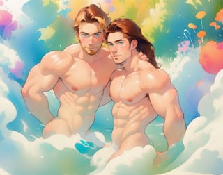 two men (two male), the one man has dark brown (dark hair) long hair, the other man character has short blond hair, blue eyes, they are in the bath in the water, there is foam on the water and there is a lot of foam around, rainbow soap bubbles are flying, white color predominates, no clothing, mature, handsome, muscle, mature, muscular , beefy, masculine, charming, alluring, affectionate eyes, lookat viewer, (perfect anatomy), perfect proportions, best quality, in the bathroom, in the morning, they are surrounded by soap foam, masterpiece, high_resolution, Dutch angle, cowboy shot, bathroom background,watercolor