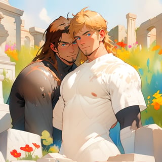 two men characters of the same height, two male, 1man and 1man are near each other, one man has dark brown long hair, the man character has short blond hair, blue eyes, clothing toga, mature, handsome, muscule, mature, muscular, beefy, masculine, charming, alluring,  affectionate eyes, lookat viewer, (perfect anatomy), perfect proportions, best quality, in the garden of statues, gray  colours, colours of stones, in the evening, they are surrounded by the ruined remains of stone fences, next to them there is a beautiful marble white antique sculpture, dark evening lighting, masterpiece, high_resolution, dutch angle, cowboy shot, garden of statues background, watercolor,comic book, linear, background of muted colors monochrome,LINEART