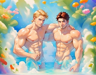 two men (two male), the one man has dark brown (dark hair) long hair, the other man character has short blond hair, blue eyes, they are in the bath in the water, there is foam on the water and there is a lot of foam around, rainbow soap bubbles are flying, white color predominates, no clothing, mature, handsome, muscle, mature, muscular , beefy, masculine, charming, alluring, affectionate eyes, lookat viewer, (perfect anatomy), perfect proportions, best quality, in the bathroom, in the morning, they are surrounded by soap foam, masterpiece, high_resolution, Dutch angle, cowboy shot, bathroom background,cloudstick,watercolor