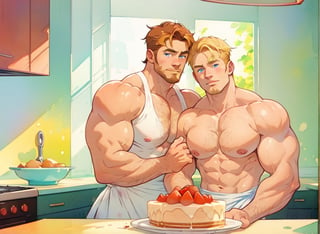 two men (two male), the one man has dark brown long hair, the other man character has short blond hair, blue eyes, they are eating cake, comfortable kitchen, motning, light color predominates, mature, handsome, muscle, mature, muscular, beefy, masculine, charming, alluring, affectionate eyes, lookat viewer, (perfect anatomy), perfect proportions, best quality, white colors, masterpiece, high_resolution, Dutch angle, cowboy shot, kitchen background, watercolor, soft linear, simple colors, no shadows, no shading, black contour line