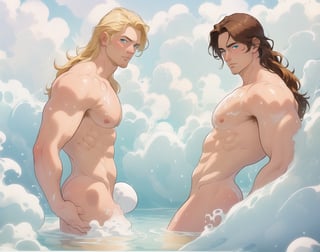 two men (two male), the one man has dark brown (dark hair) long hair, the other man character has short blond hair, blue eyes, they are in the bath in the water, there is foam on the water and there is a lot of foam around, rainbow soap bubbles are flying, white color predominates, no clothing, mature, handsome, muscle, mature, muscular , beefy, masculine, charming, alluring, affectionate eyes, lookat viewer, (perfect anatomy), perfect proportions, best quality, in the bathroom, in the morning, they are surrounded by soap foam, masterpiece, high_resolution, Dutch angle, cowboy shot, bathroom background