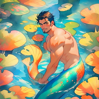 mermaid men are swimming in blue water, mature, handsome, muscle, beefy, masculine, charming, alluring, affectionate eyes, lookat viewer, (perfect anatomy), perfect proportions, best quality, masterpiece, high_resolution, Dutch angle, cowboy shot, watercolor,mermaid,aacoco