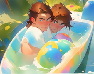 two men (two male), the one man has dark brown (dark hair) long hair, the other man character has short blond hair, blue eyes, they are in the bath in the water, there is foam on the water and there is a lot of foam around, rainbow soap bubbles are flying, white color predominates, no clothing, mature, handsome, muscle, mature, muscular , beefy, masculine, charming, alluring, affectionate eyes, lookat viewer, (perfect anatomy), perfect proportions, best quality, in the bathroom, in the morning, they are surrounded by soap foam, masterpiece, high_resolution, Dutch angle, cowboy shot, bathroom background,watercolor