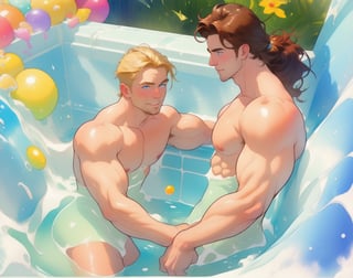 two men (two male), the one man has dark brown (dark hair) long hair, the other man character has short blond hair, blue eyes, they are in the bath in the water, there is foam on the water and there is a lot of foam around, rainbow soap bubbles are flying, white color predominates, no clothing, mature, handsome, muscle, mature, muscular , beefy, masculine, charming, alluring, affectionate eyes, lookat viewer, (perfect anatomy), perfect proportions, best quality, in the bathroom, in the morning, they are surrounded by soap foam, masterpiece, high_resolution, Dutch angle, cowboy shot, bathroom background,watercolor