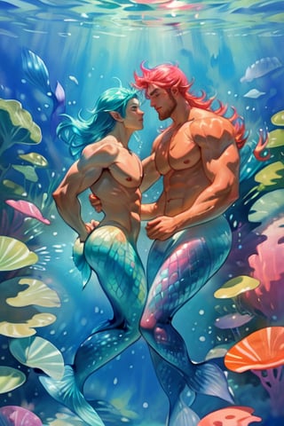 ((best quality)), ((masterpiece)), (detailed),  ((perfect face)), male,  two mermen are swimming, two merfolks, lean and muscular body, Long finned ears, fins, tail glows slightly with luminous scales, mermaid tail, bioluminescent, markings along his body,watercolor,perfect light,<lora:659111690174031528:1.0>