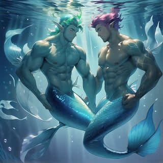 ((best quality)), ((masterpiece)), (detailed), ((perfect face)), male, two mermen are swimming, two merfolks, lean and muscular body, finned ears, fins, tail glows slightly with luminous scales, very long mermaid tail, bioluminescent, markings along his body,watercolor,perfect light