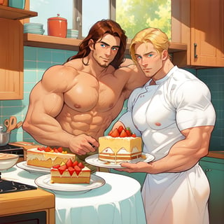 two men (two male), the one man has dark brown (dark hair) long hair, the other man character has short blond hair, blue eyes, they are eating cake, comfortable kitchen, motning, light color predominates, mature, handsome, muscle, mature, muscular, beefy, masculine, charming, alluring, affectionate eyes, lookat viewer, (perfect anatomy), perfect proportions, best quality, masterpiece, high_resolution, Dutch angle, cowboy shot, kitchen background, simple colors,Granat