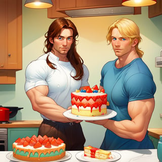 two men (two male), the one man has dark brown (dark hair) long hair, the other man character has short blond hair, blue eyes, they are eating cake, comfortable kitchen, motning, light color predominates, mature, handsome, muscle, mature, muscular, beefy, masculine, charming, alluring, affectionate eyes, lookat viewer, (perfect anatomy), perfect proportions, best quality, masterpiece, high_resolution, Dutch angle, cowboy shot, kitchen background, simple colors