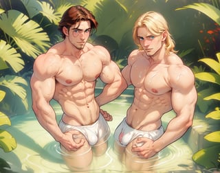 two men (two male), the one man has dark brown (dark hair) long hair, the other man character has short blond hair, blue eyes, they are in the bath in the water, there is foam on the water and there is a lot of foam around, rainbow soap bubbles are flying, white color predominates, no clothing, mature, handsome, muscle, mature, muscular , beefy, masculine, charming, alluring, affectionate eyes, lookat viewer, (perfect anatomy), perfect proportions, best quality, in the bathroom, in the morning, they are surrounded by soap foam, masterpiece, high_resolution, Dutch angle, cowboy shot, bathroom background,no_humans,pastel colors, Oil painting,blank background,swamp,simplecats,Colt Grice