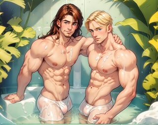 two men (two male), the one man has dark brown (dark hair) long hair, the other man character has short blond hair, blue eyes, they are in the bath in the water, there is foam on the water and there is a lot of foam around, rainbow soap bubbles are flying, white color predominates, no clothing, mature, handsome, muscle, mature, muscular , beefy, masculine, charming, alluring, affectionate eyes, lookat viewer, (perfect anatomy), perfect proportions, best quality, in the bathroom, in the morning, they are surrounded by soap foam, masterpiece, high_resolution, Dutch angle, cowboy shot, bathroom background