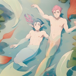 ((best quality)), ((masterpiece)), (detailed), ((perfect face)), male, two mermen are swimming, two merfolks, lean and muscular body, finned ears, fins, tail glows slightly with luminous scales, very long mermaid tail, bioluminescent, markings along his body,watercolor,perfect light