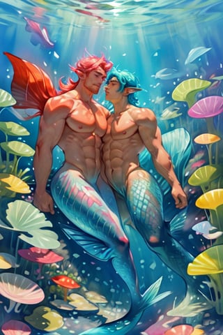 ((best quality)), ((masterpiece)), (detailed),  ((perfect face)), male,  two mermen are swimming, two merfolks, lean and muscular body, Long finned ears, fins, tail glows slightly with luminous scales, mermaid tail, bioluminescent, markings along his body,watercolor,perfect light,<lora:659111690174031528:1.0>