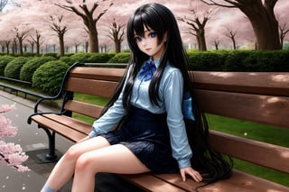 best quality, ultra details, In Tokyo, Japan, a high school girl with black long hair and crystal blue eye sits on a park bench watching cherry blossoms drift by.,Perfect Anything,perfecteyes eyes