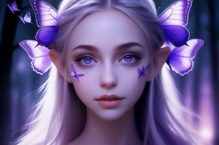  A close-up portrait of an elegant elf with delicate features, surrounded by purple butterflies. The elf's eyes sparkle with wisdom, and the background is a dense, lush forest bathed in twilight. Ethereal, detailed, soft focus, twilight, lush, serene.