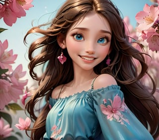 smile girl, blue eyes, pink flower in her brown hair, Alphonse Mucha style, hyper-detailed, fuzze, dispersion, flicker, 3d effect, 16k, surrealism, careful drawing of details, off shoulder blouse , volumetric watercolor, aesthetic, realistic, dark botanical, digital-art, lewd, dark fantasy, hyper detail, illustration, trending on artstation, sharp focus, studio photo, intricate details, highly detailed

,3d toon style