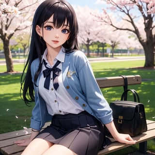 best quality, ultra details, In Tokyo, Japan, a high school girl with black long hair and crystal blue eye sits on a park bench watching cherry blossoms drift by.