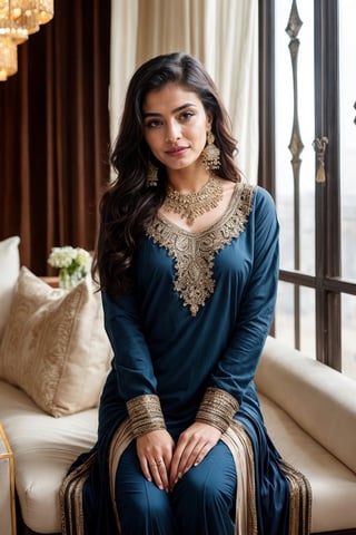 beautiful cute young attractive girl indian, teenage girl,18 year old,cute, instagram model,long black hair . Envision a Pakistani girl in a beautiful Blue shalwar kameez, seated elegantly in a luxurious hotel lounge, her chest subtly emphasized, exuding confidence and grace, adorned with exquisite jewelry including dangling earrings, Paperwork, intricate paper cutting with layered textures and delicate patterns, --ar 16:9 --v 5