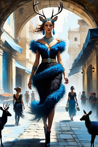  beautyful deer girl with  human body (( belt with blue and black woolly dress  )). Behind the market. Traders. Old civilization. , Old Palace City Interior.
playing kids. 
,DonM3l3m3nt4lXL,style,concept,fantasy, in the style of esao andrews