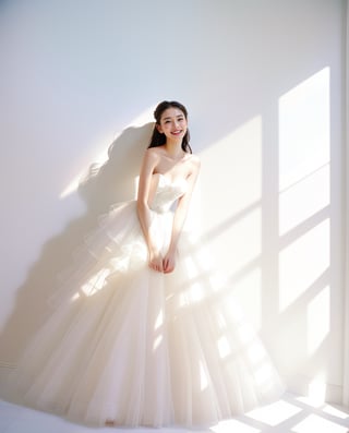 A radiant scene featuring a young woman in a strapless white gown that exudes joy and elegance. The dress, with its flowing layers of tulle, creates a soft, ethereal effect. The woman stands in front of a bright, sunlit window, casting soft shadows on the wall. Her joyful expression, with a wide smile and closed eyes, captures a moment of pure happiness and contentment. The minimalist white background enhances the simplicity and beauty of the scene, emphasizing the play of light and shadow. The overall atmosphere is one of serene joy and timeless elegance, capturing a moment of blissful radiance.